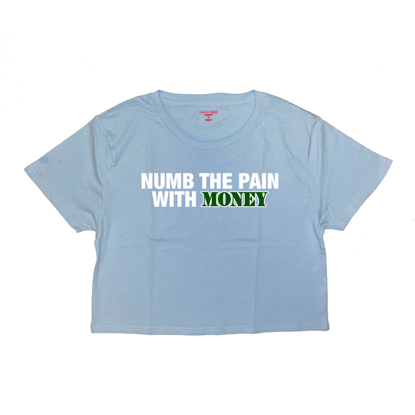 Numb The Pain With The Money Croptop In Powder Blue