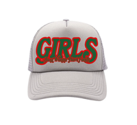 Girls Just Wanna Have Funds Trucker Hat In Grey (Red/Green)